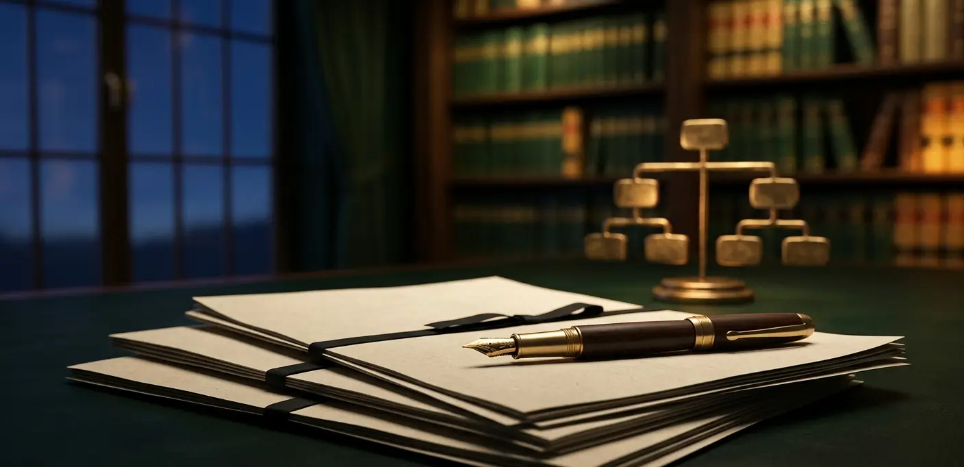 Structure de groupe de sociétés, documents de participation et stylo plume sur bureau en vert forêt
